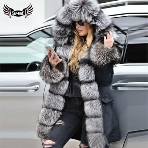 2021 Winter Fashion Silver Fox Fur Parka For Women With Big Hood Thick Warm Genuine Fox Fur Jacket With Rex Rabbit Fur Linning