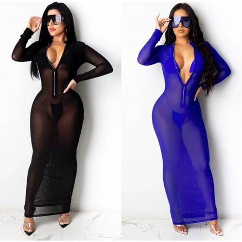 BKLD Zipper Front Sexy V-neck Women Mesh Sheer Long Sleeve Bodycon Party Night Clubwear Maxi Long Dress Ladies Sheath Dress 2020