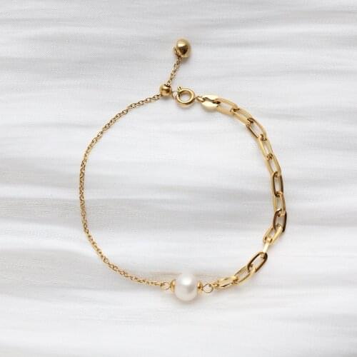 New 18K Gold Plated 7-8mm Freshwater Pearl Round Bead Adjustable Stainless Steel Link Chain Bracelet For Women Jewelry Gift