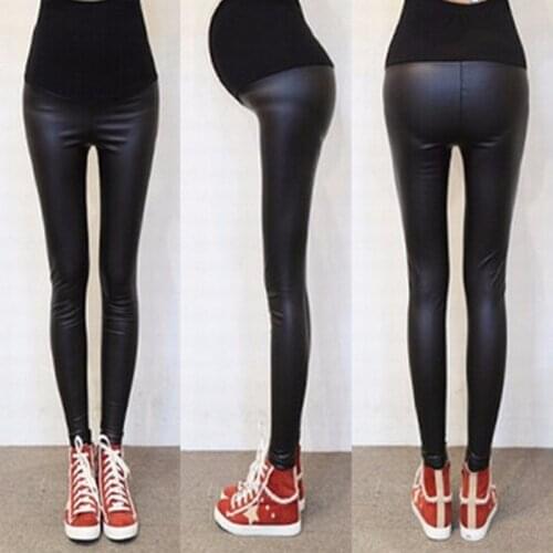 New brand spring and summer black imitation leather pencil abdominal pants pregnant women maternity leggings jeans