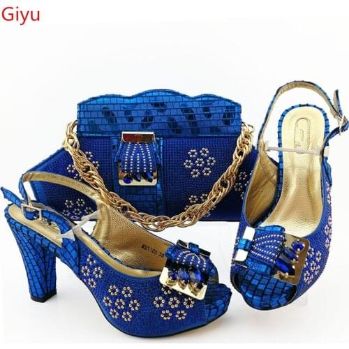 Doershow New blue color Italian Shoes With Matching Bags African Women Shoes and Bags Set For Prom Party Summer Sandal SGO1-6