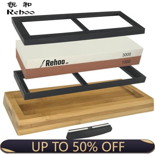 Rehoo Double-sided Sharpening Stone 1000/3000 Mesh + Non-slip Bamboo Base + Double Rubber Pad + Fixed Angle Guide Rail