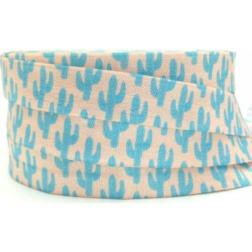 10Yards/lot Blue Cactus Print Fold Over Elastic 5/8" Cactus FOE Ribbon Webbing for DIY Headwear Hair Tie Hair Accessories
