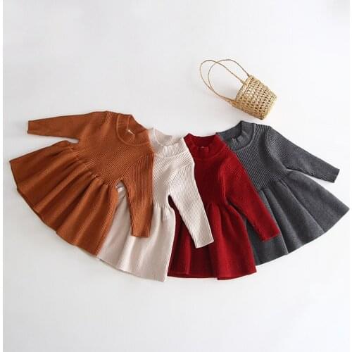 New 2020 Autumn Winter Kids Dresses For Girls Princess Dresses Kids Girl Pure Color Dress Long Sleeve Knit Dress