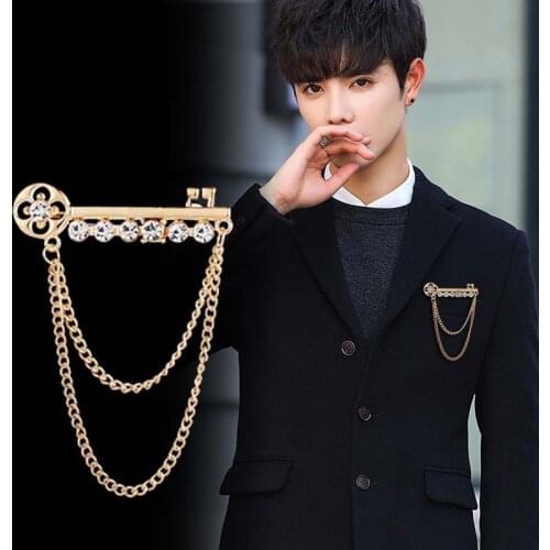 Korean New Fashion Metal Key Tassel Long Brooch Rhinestone Chain Lapel Pin for Mens Suit Shirt Badge Brooches Pins Accessories
