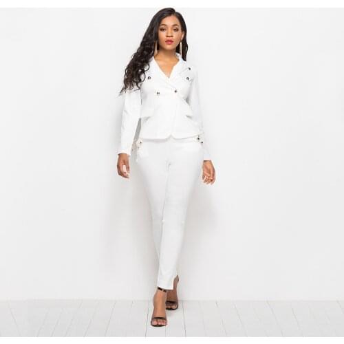 Autumn Winter Business Women Elegant Suit 2 Piece Set White Blazer Coat Pencil Slim Long Pant Office Lady Jacket Female Outfits