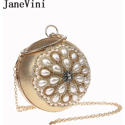 JaneVini Luxury Gold Rhinestones Pearl Ball Bag Women Beaded Party Evening Bag CrossBody Chain Bridal Wedding Round Ball Bags