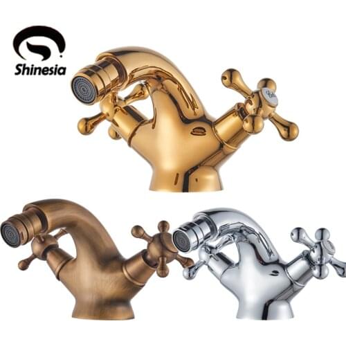 Shinesia Bathroom Basin Faucet Chrome Golden With Rotatable Spout Hot and Cold Water switch Dual Handle Deck Mounted Mixer Tap
