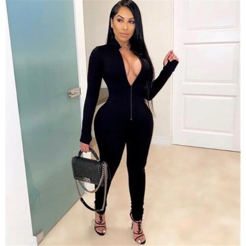Solid Color Long Sleeve Deep V-neck Bodycon Jumpsuit Women Rompers Sport Suit Fashion Zip Up Skinny Long Pants Workout Overalls