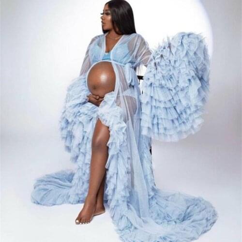 Light Blue Maternity Dress For Photography Babyshower Tiered Puffy Sleeves Maternity Gowns Photoshoot Pregnancy Women Dresses