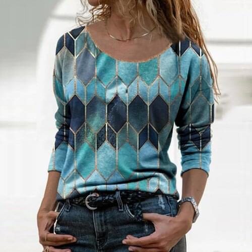 Vintage Women Long Sleeve O Neck Geometric Hexagon Print T-shirt blouse women elegant Tops