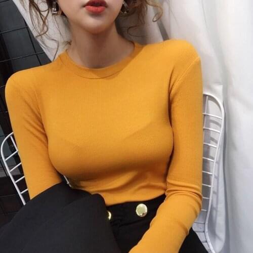 Spring Autumn Tight Top Sexy T Shirt Women 2021 Korean Elastic Slim Tshirt Female Casual Solid O Neck Long Sleeve Bottoming Tops