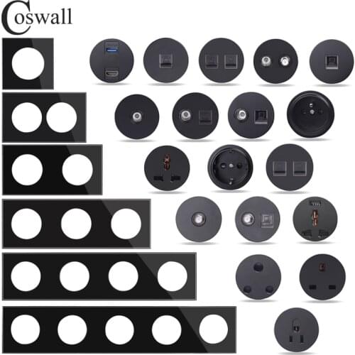 COSWALL R11 Black Glass Panel Wall Switch EU French Socket USB Charger Female TV RJ45 CAT6E Modules DIY Free Combination