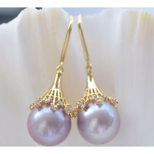 Z10944 13mm Lavender Round Edison Keshi Pearl Dangle Earring CZ