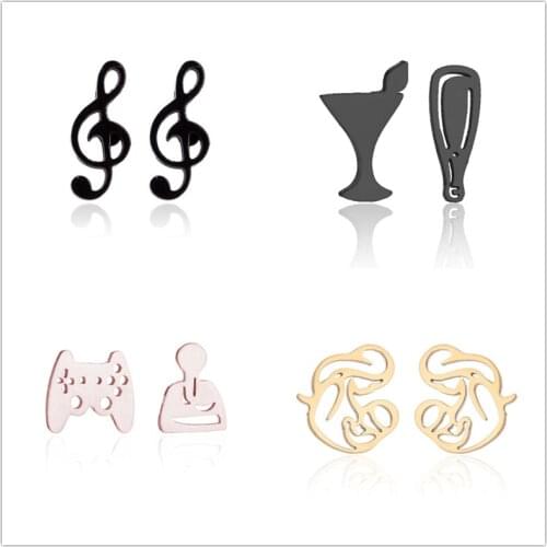 Oly2u Punk Night Bar Wine Cup&Music Note Earings Stainless Steel Funny Game Pad Studs Earrings for Women Kids Accessories