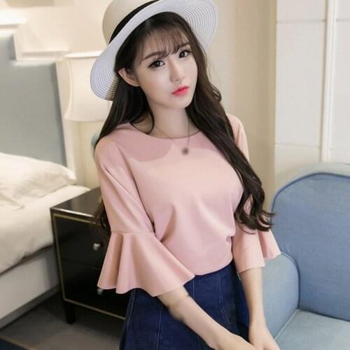 Womens Trumpet Sleeve T-Shirt 2021 New Cute Fashion Youth Versatile Solid Color Top