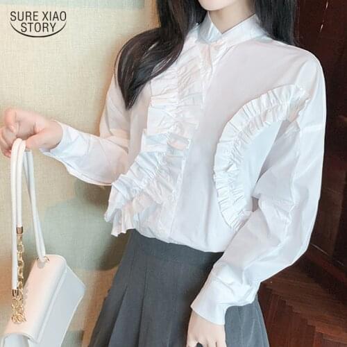 2021 Lace Fungus Loose White Blouse Woman Autumn Irregular Pleated Ruffled Women Shirt Elegant Pure Solid Casual Top Women 16277
