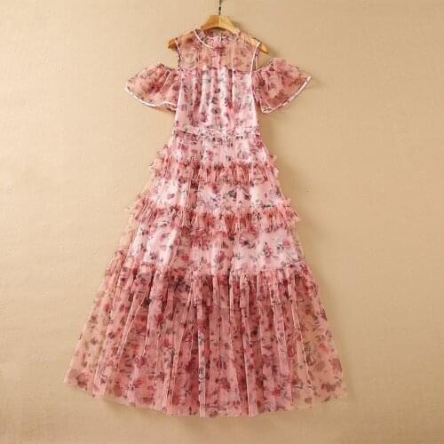 European and American womens wear for summer 2021 Stand collar flared sleeves and open shoulders Fashion print pleated dress