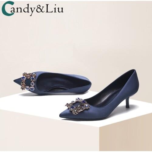 Temperament Socialite High Heels Womens Spring 2021 New Products Shallow Feet Rhinestone Square Buckle 5cm with Fine Heel Shoes