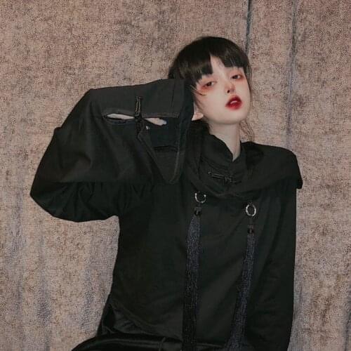 Ring Tassel Gothic Cheongsam Button Stand High Neck Hooded Sexy Crop Top Hoodies Pullover Sweatshirt Short Embroidery Harajuku