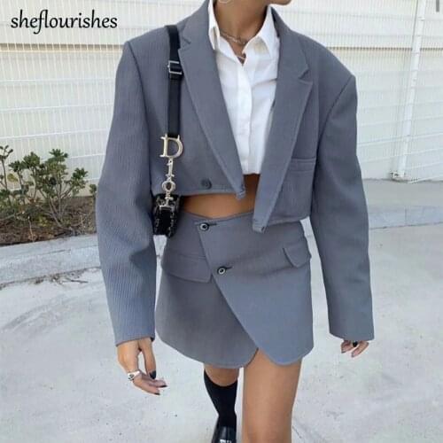 Autumn blazer women vintage coat solid elegant cropped blazer long sleeve notched blazer single button corduroy jacket blue