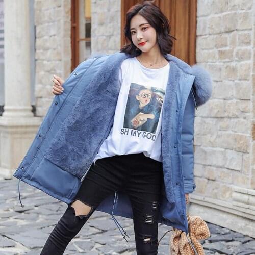 Fad Womens Faux Rabbit Fur Lining Hooded Long Winter Coat Parkas Outwear Large Fur Collar Thick Winter Jacket Roupas Femininas