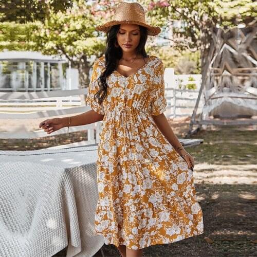 2021 Spring New Print Dress Women Casual Short Sleeve High Waist Lace Up Floral Dress For Women Sexy V Neck Summer Dress