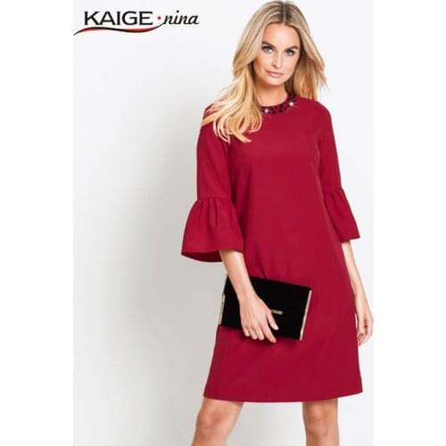 Fashion Autumn Vintage Womens Dress Solid Crystal O-Neck Butterfly Sleeve Lady Dress Three Quarter Charming Dress 18056