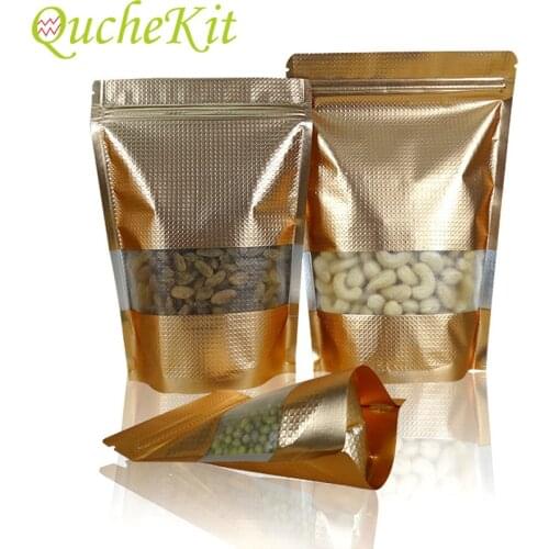 100Pcs Gold Aluminum Foil Bags With Window Stand Up Zip Lock Pocket Retail Plastic Packaging Gift Bag Food Seal Zipper Storage