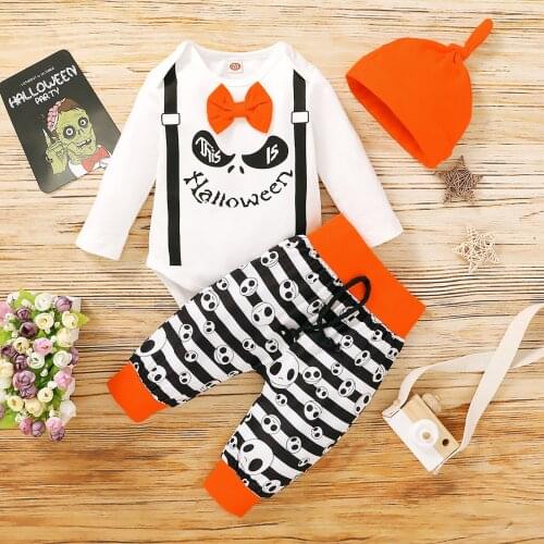 3Pcs Baby Halloween Outfit O-Neck Long Sleeves Romper + Skull Stripe Pants + Hat for Toddler Boys, 0-18 Months