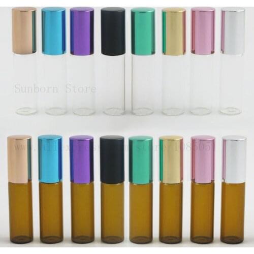 5pcs 5ml Amber Clear Thin Glass Roll on Bottle Sample Test Essential Oil Vials with Roller stainless steel Ball metal cap