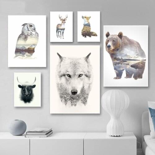 Abstract Poster and Print Forest Nature Landscape Canvas Painting Wolf Deer Animal Wall Art Picture Nordic Style Home Decor
