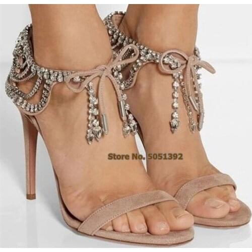 Glittering Diamond High Thin Heel Rhinestone Bow-Knot Nude Black Suede Lace-up Crystal Shinning Ankle Wrap Elegant Fringe Plus