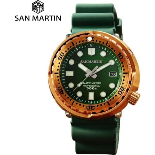 San Martin Tuna Bronze Mens Watch Automatic Mechanical Sapphire Glass Luminous Dial 30 Bar Water Resistant with Calendar