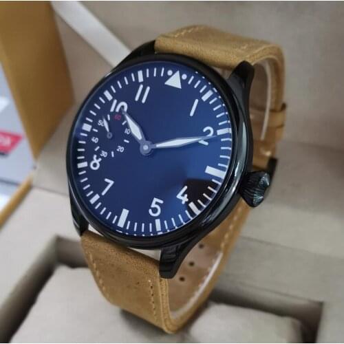 GEERVO No logo 44mm Black watch case Black Retro dial Manual mechanical mens Watch Khaki strap ST3600-2 Movement G144