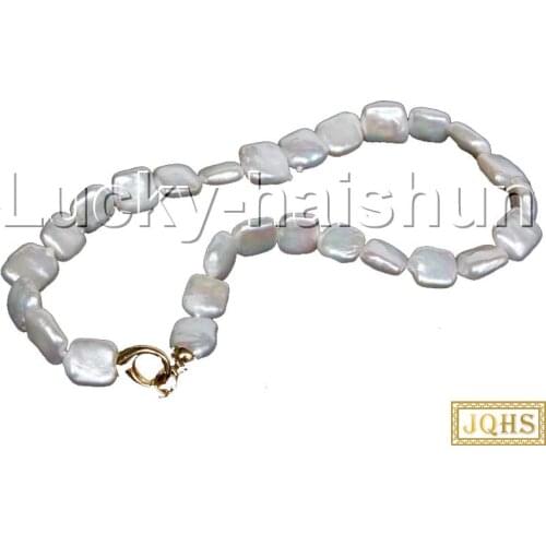 JQHS Choker 16" 12X12mm baroque square white freshwater pearls Beaded Strand necklace j11763