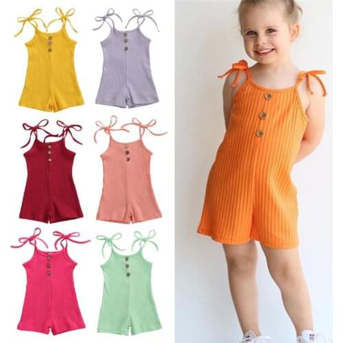 Summer Baby Girls Infant Sleeveless Romper Baby Girls Solid Color Straped Button Jumpsuit Rompers Overalls