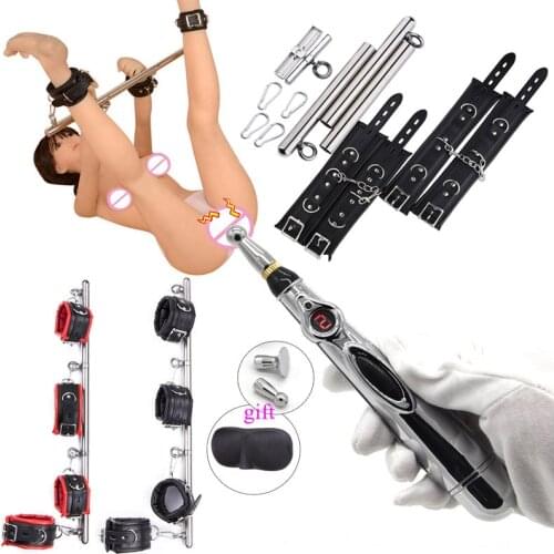 Metal Spreader Bar Sex Slave Handcuffs Ankle Cuff Open Leg Bondage,Electro Shock Vaginal Pen Clit Stimulator Sex Toys For Women