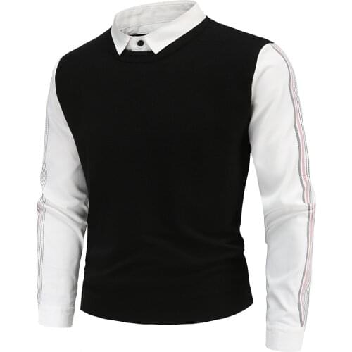 YM612 Fashion 2021 Fall Slim Mens Fake Two-piece Pullovers British Shirt Collar Fashion Sleeve Knit Sweater