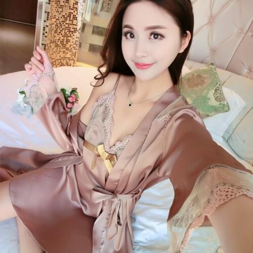 Women Robe Sets Silk Pajamas Nightgowns Fashion Lace Sleepwear Sexy Pajamas Lady V-Neck Strap Dress and Bathrobe Two Piece Set