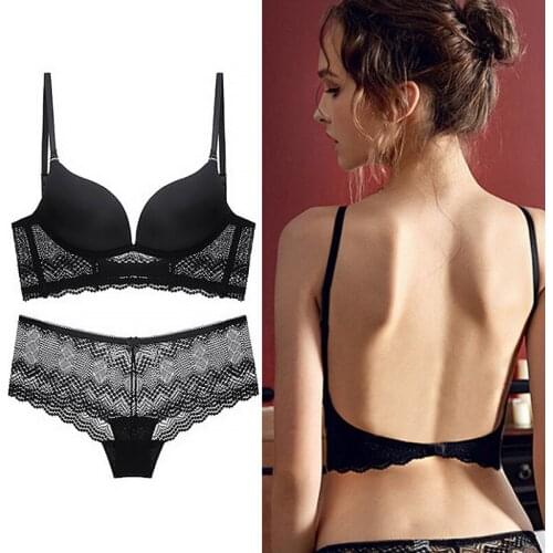 2021 New No Underwire Bra Ladies Lace Gather Underwear Set Thin Black European and American Sexy Push Up Underwear Panties