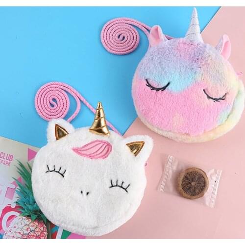 Adorable plushed unicorn bag for girls Soft toy unicorn shoulders bag Kids coin purse Creative unicorn wallet