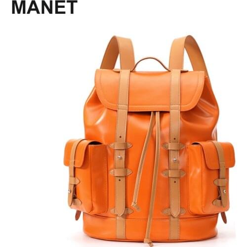 Orange Leather Outdoor Bag for Men Large Capacity 19.6'' Laptop Backpack School Male Female Retro Designer Bag Travle Mochila
