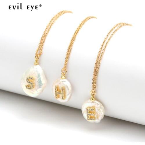 EVIL EYE Micro Pave 26 initial Letter Necklace Gold Color Chain alphabet Pearl Pendant Necklace Jewelry for Women Female EY6469