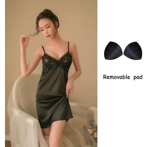 Sexy Sleeveless Nightgowns Sleep Shirt Negligee Women Lace Remove Pad Nightdress Thongs Pajama Set Long Nightie Nightwear Black