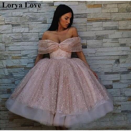 Elegant Prom Dresses Off The Shoulder Sequined Women Formal Party Night Evening Gowns 2020 Pink Short A-Line Vestido De Gala