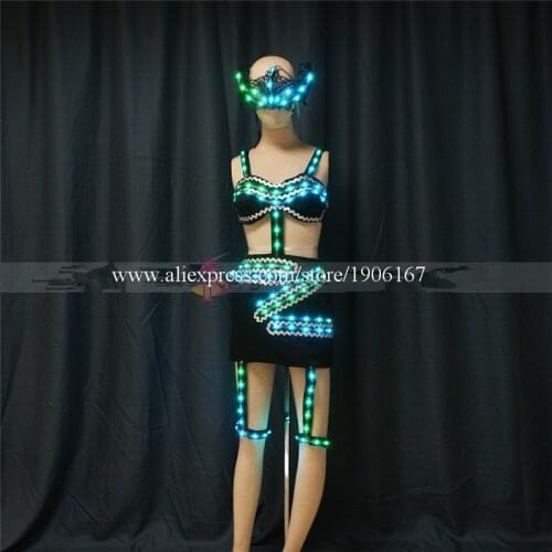 Full Color Led Luminous Light Party Skirt Sexy Girl Led Light Up Costumes With Led Mask Ballroom Dance Outfit DJ DS Bra Suit