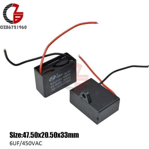 CBB61 Starting Capacitance AC Fan Capacitor 2 Wires 6UF 450V AC Terminal Ceiling Fan Motor Running Rectangle Capacitor