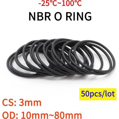 50pcs NBR O Ring Seal Gasket Thickness CS 3mm OD 10~80mm Nitrile Butadiene Rubber Spacer Oil Resistance Washer Round Shape Black