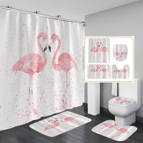 4pcs/set 3D Flamingo Waterproof Shower Curtain Mildew Proof Non-slip Toilet Cover Bath Mat Bathroom Decor Carpet with 12 Hooks